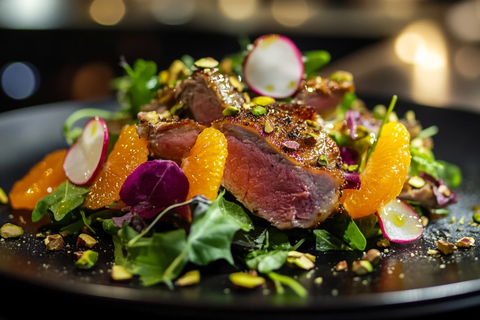 鸭胸橙片沙拉配绿叶和香脆坚果