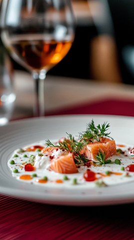 三文鱼片配绿香草与红白酱