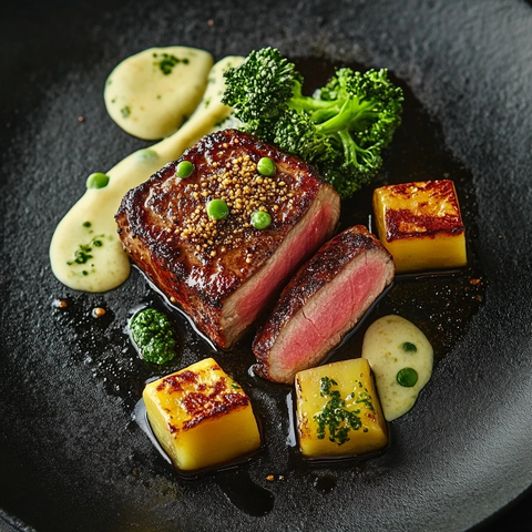 金黄色鲔鱼牛排配薯泥和蒸西兰花