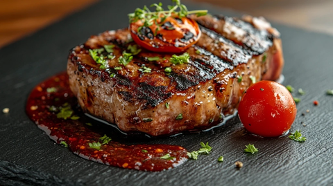 烤肉牛排配红酱绿香草