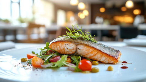 鳟鱼片配沙拉摆盘