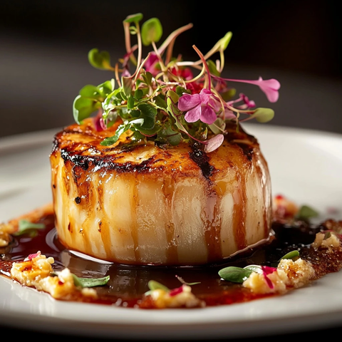 香煎扇贝配彩蔬花饰佐浓郁酱汁