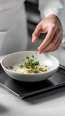 白色碗装沙拉置于黑色托盘