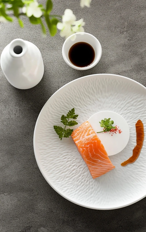 日本料理烤鲑鱼和白盘