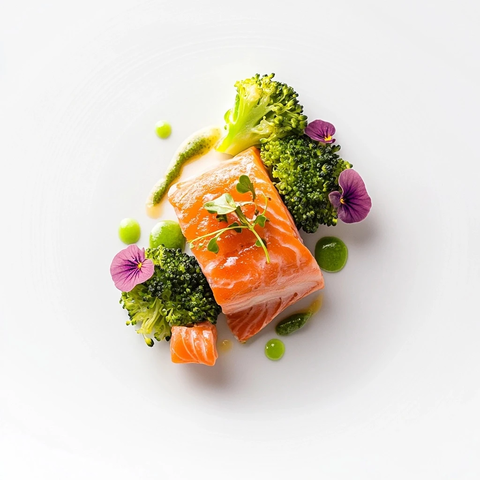 鳟鱼配西兰花白底摆盘