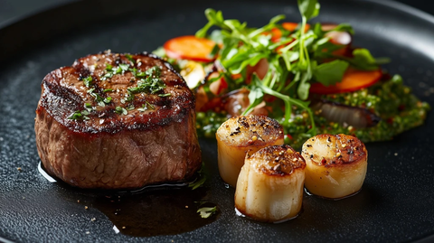 牛排虾仁配香草黄油和时令沙拉