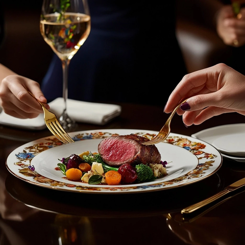 红肉蔬菜精致餐盘用餐场景