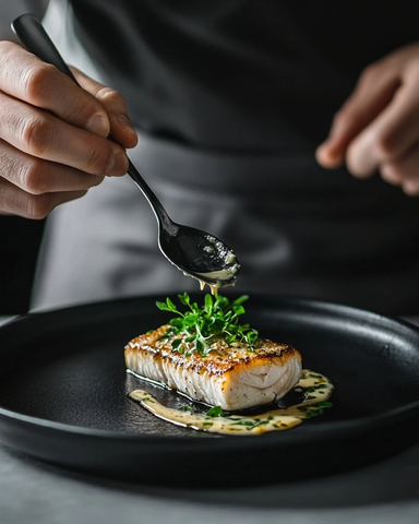 鱼片绿色香草调味摆盘