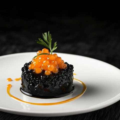 黑色西班牙沙拉配橙色鱼子