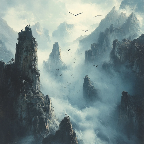 云雾缭绕的崇山峻岭间飞鸟翱翔