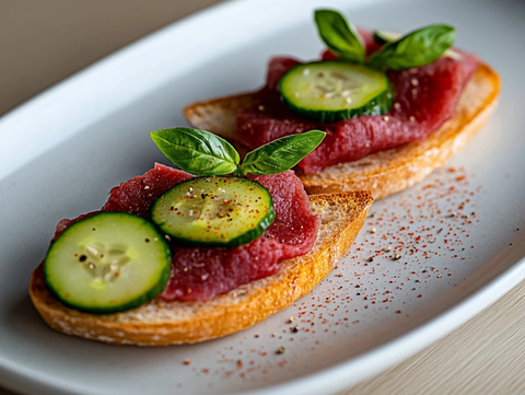 烤牛肉片配法棍和腌黄瓜