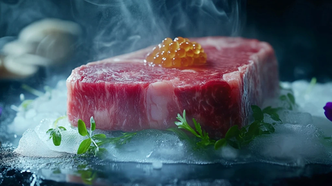 和牛肉配水与海胆鲟鱼子酱