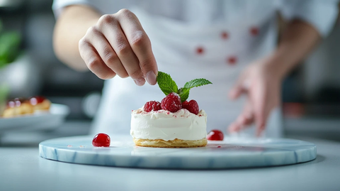 木桌甜点厨师专注摆盘