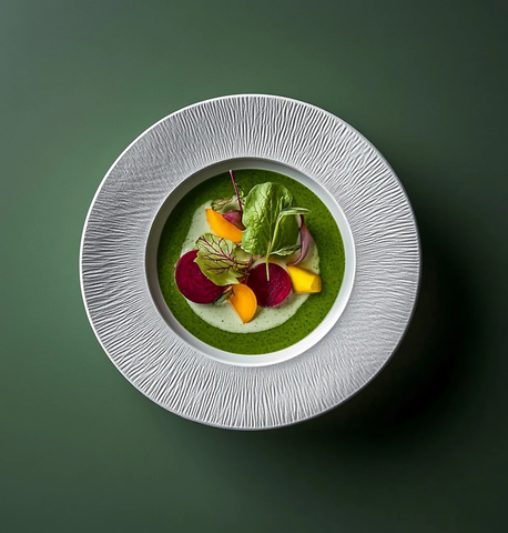 绿酱蔬菜盘纹理白碗