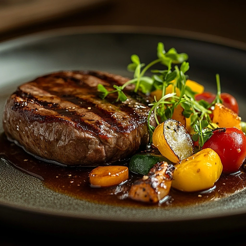 牛排配蔬菜酱汁特写