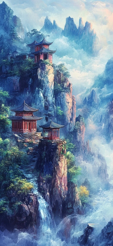 云雾缭绕山间的古亭建筑