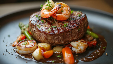 牛排虾仁蔬菜盘