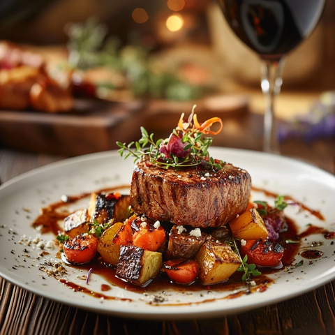 烤牛肉蔬菜拼盘与红酒