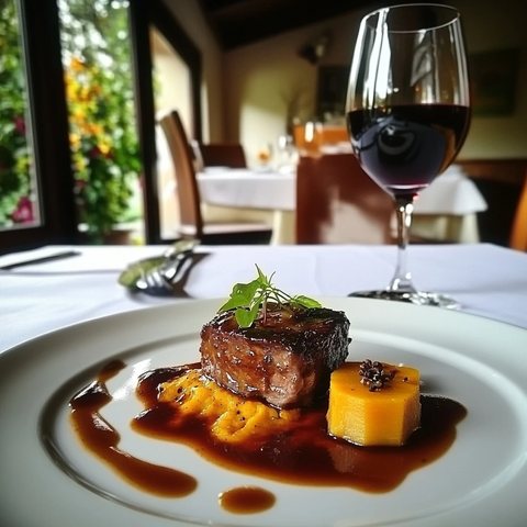 烤猪肋排配番薯泥与红酒