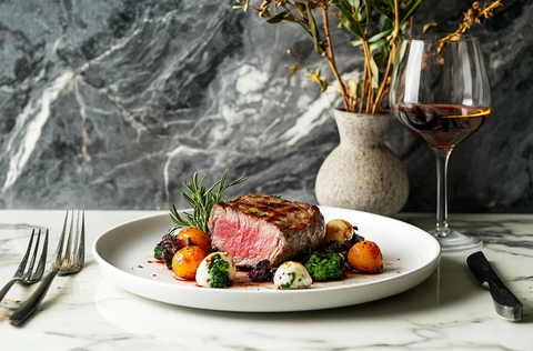 白盘中的中度熟成牛排