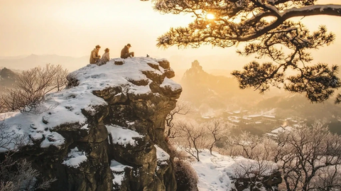 雪后山顶赏景的人们
