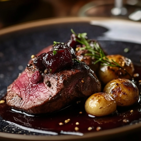 烤鹿肉配黑醋栗果冻细节