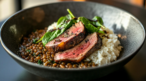 羊排配扁豆米饭和菠菜