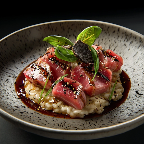 金枪鱼刺身配松露蘑菇烩饭