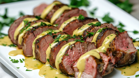 切好腌制的猪里脊放在白色盘子上