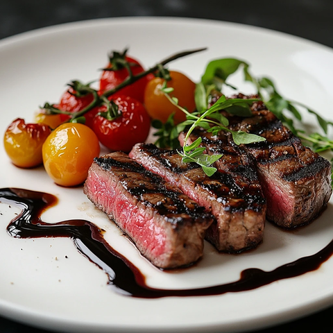 牛仔牛排配烤辣椒樱桃番茄