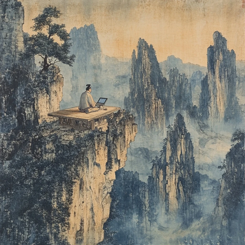 悬崖边平台上使用笔记本电脑的人