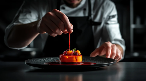 厨师在黑暗中浇汁甜点