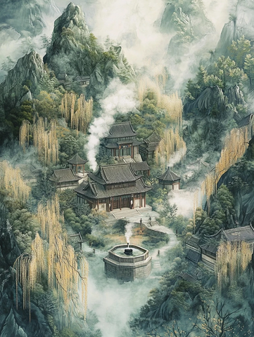 山中烟雾缭绕的古建筑群全景