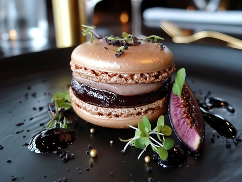 玫瑰金马卡龙配鹅肝与无花果