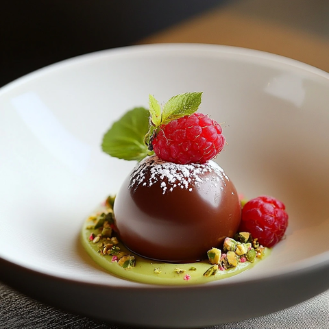 巧克力球配树莓心与开心果慕斯