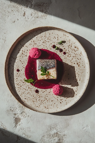 马鲛鱼配粉红玉米糕与甜菜苔酱