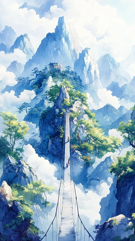 山间吊桥连接的云雾缭绕的山峰景色