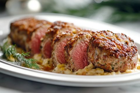 牛里脊配柠檬莳萝蟹饼