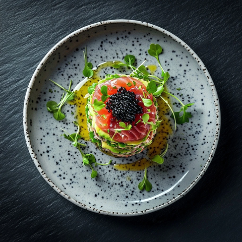 金枪鱼塔塔蟹肉牛油果配鱼子