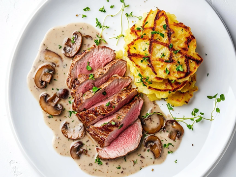 薄切小牛肉配蘑菇奶油汁与土豆饼