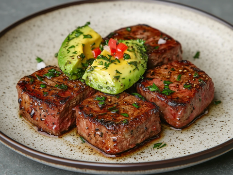 牛排配鳄梨酱拌香菜