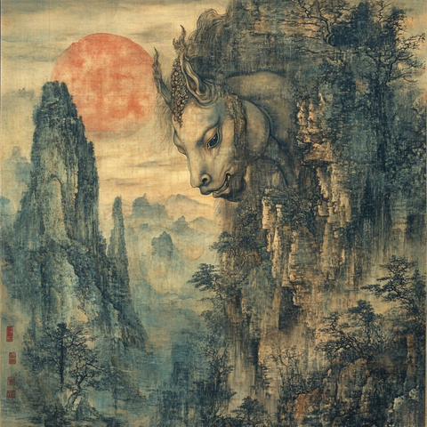 悬崖边马首神兽的奇幻山水画卷