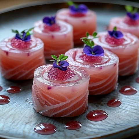 蓝鳍金枪鱼刺身配蝶豆花冰糕