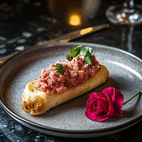 猪肉塔塔配面包卷与玫瑰