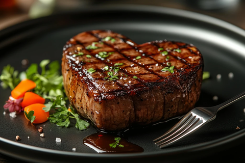 心形牛排配银叉与黑瓷盘