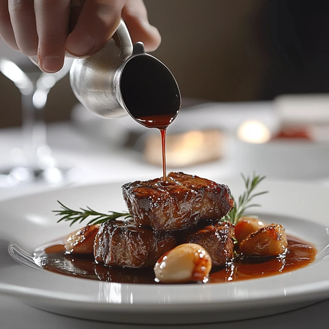 手倒酱料于烤羊排