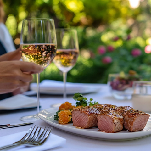 蓝鳍金枪鱼排配红酒餐桌