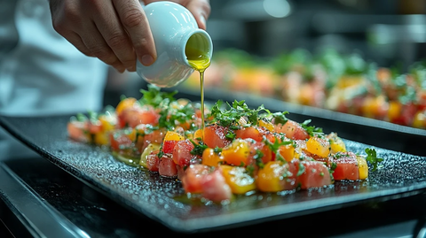 厨师点缀橄榄油沙拉