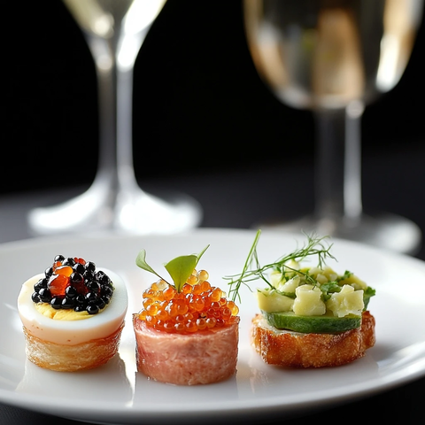 鱼子蛋挞配金枪鱼与龙虾沙拉