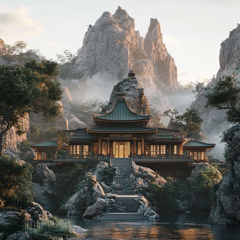 山间中式古建全景云雾缭绕意境悠远